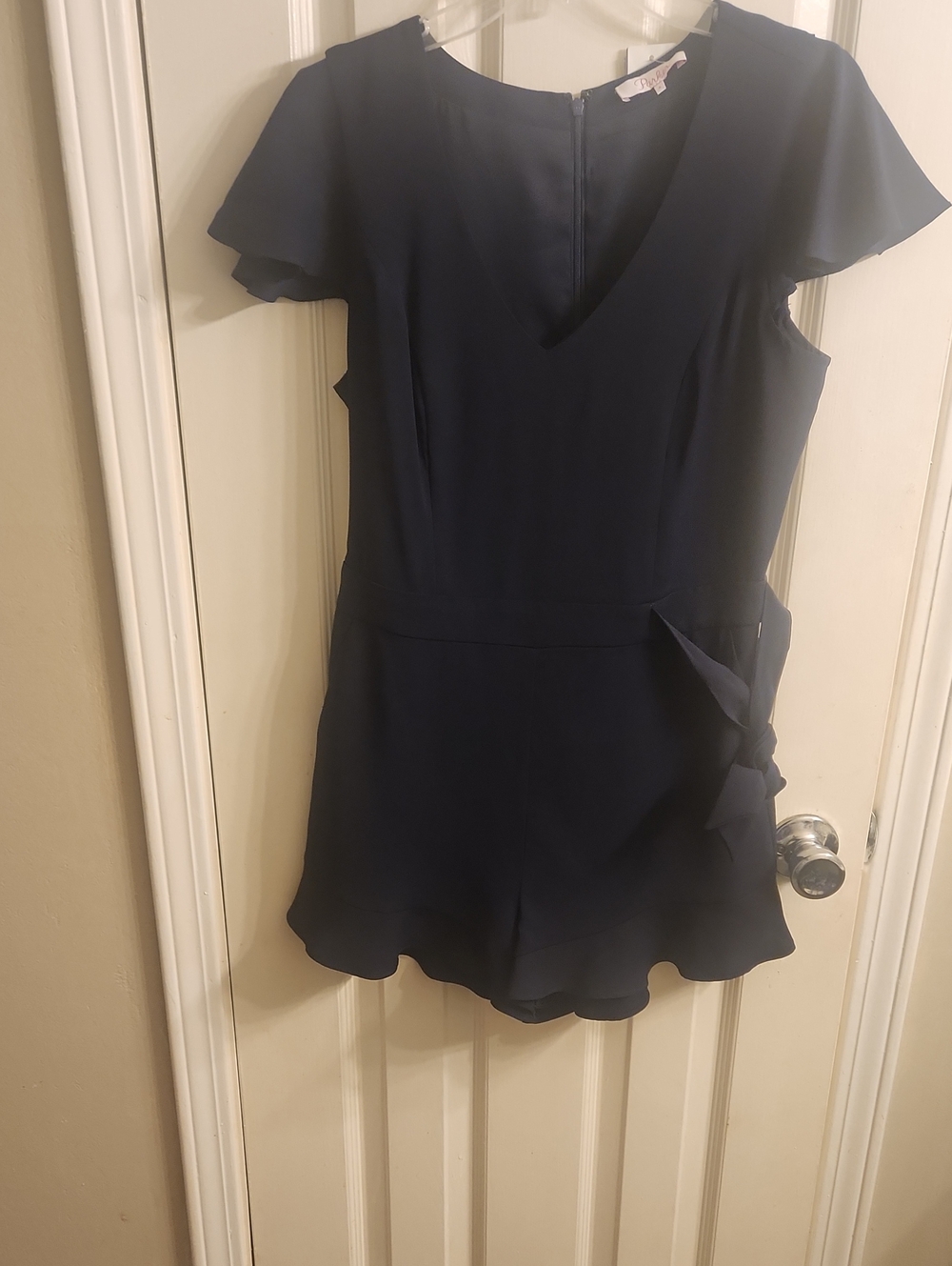 Women’s Navy Flutter-Sleeve Romper Dress